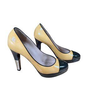 Chanel CC Patent Leather Cap Toe Multicolor Metal Heel Pumps Size 38.5
